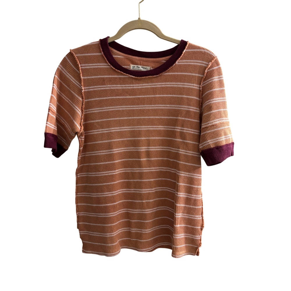 We The Free Free People Orange Striped Ringer Tee Raw Seam XL